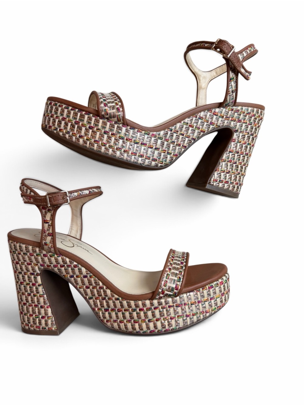 Jessica Simpson Multicolor Woven Platform Sandals with Brown Trim